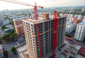 A construction site in Tallahassee with cranes and ongoing building work.