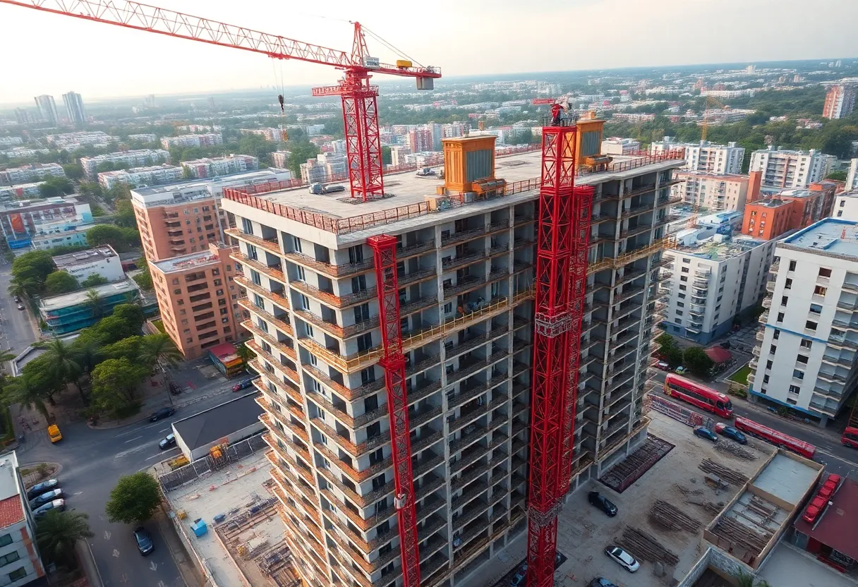 A construction site in Tallahassee with cranes and ongoing building work.