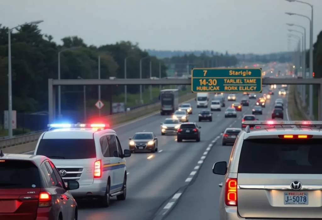 Emergency response vehicles at a shooting scene on an interstate.