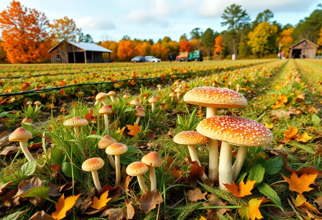 Fall scenery of a local farm with mushrooms and produce.