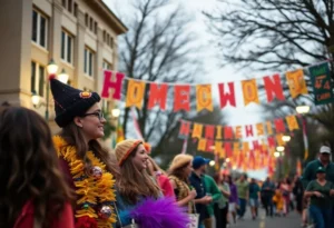 A lively scene of students celebrating FAMU Homecoming with banners and festive decorations.