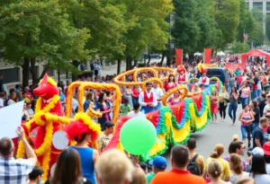 Crowd enjoying the FAMU homecoming parade with colorful floats and performances.
