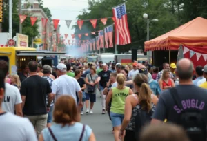 Vibrant community gathering during FAMU Homecoming with food trucks and entertainment.