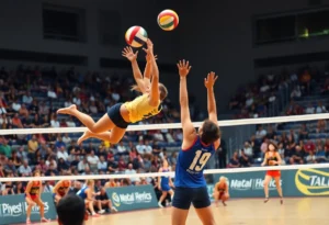 Florida A&M volleyball players in action during a match against Texas Southern.