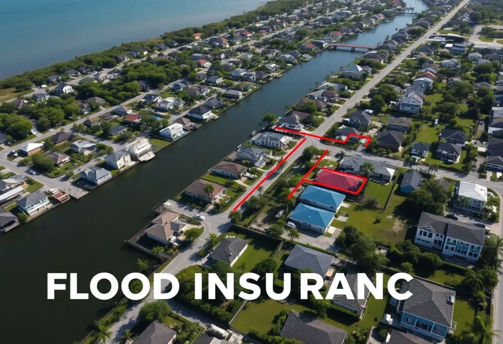 Aerial view of homes in a coastal area of Florida with flood zones indicated.