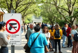Public space with no firearms signs emphasizing community safety.