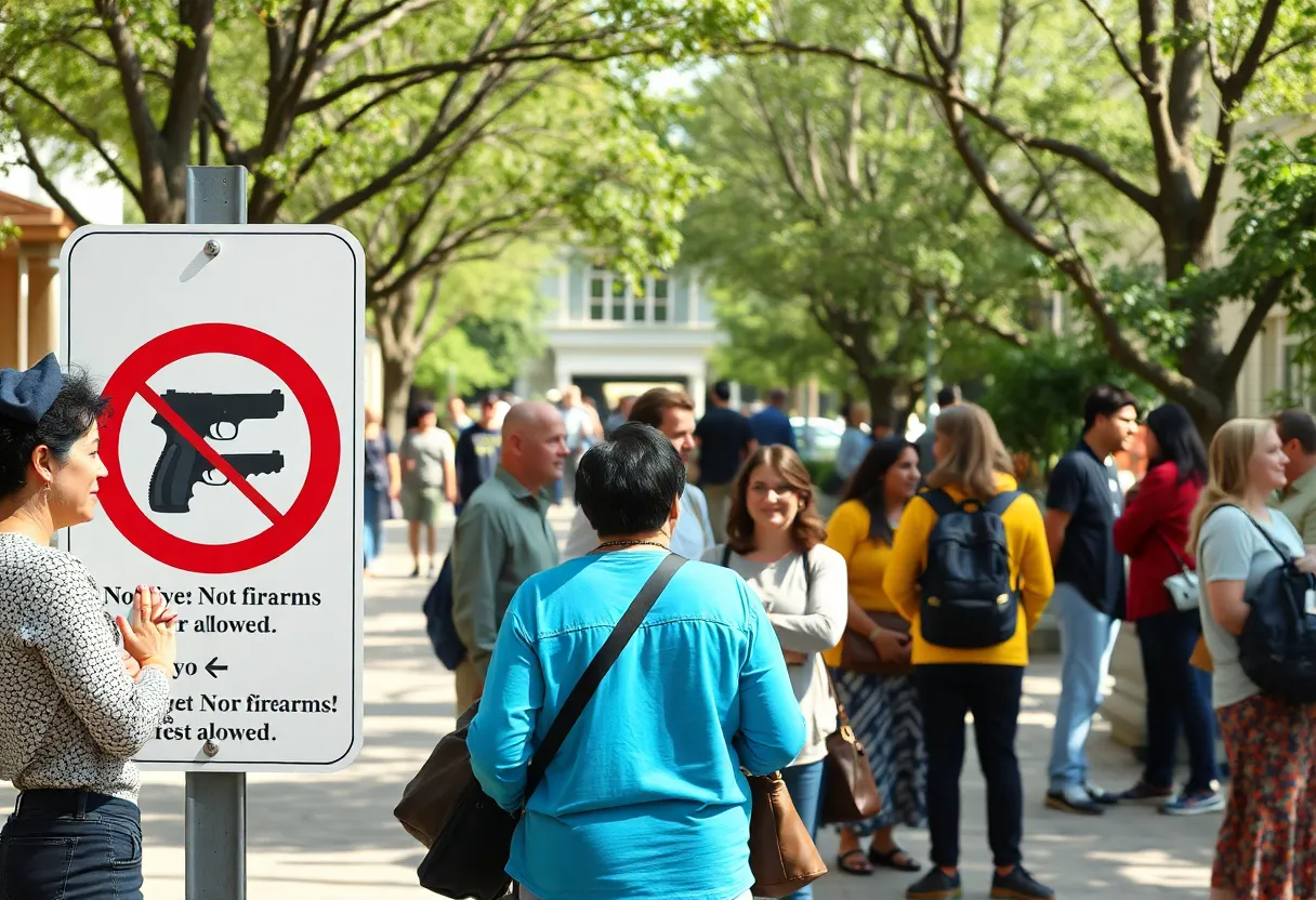 Public space with no firearms signs emphasizing community safety.