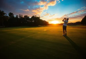 A golfer practicing their swing on a golf course at dawn
