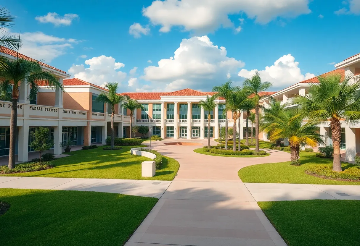 Scenic view of a Florida university campus with buildings and greenery