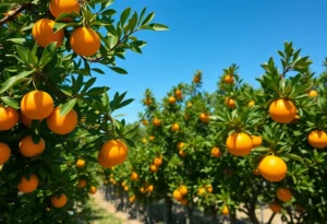 Citrus grove in Florida with healthy orange and grapefruit trees