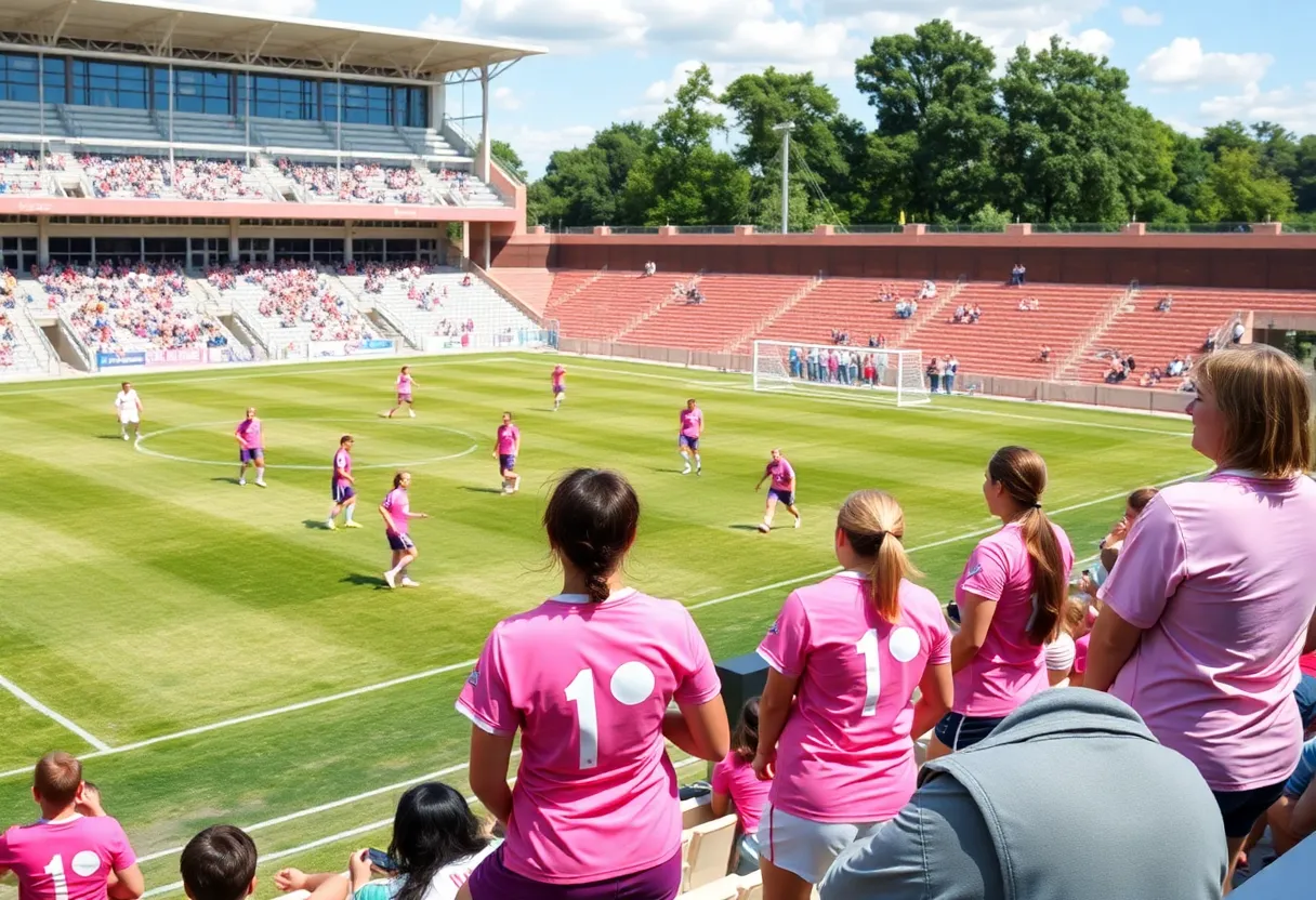 Florida State University soccer players in pink jerseys during the Paint It Pink match.