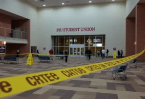 FSU Student Union area depicted with police presence and caution tape