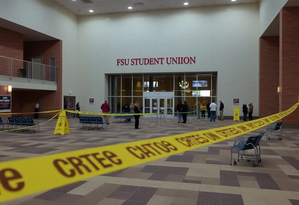 FSU Student Union area depicted with police presence and caution tape