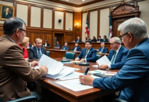 Local government officials in a courtroom discussing growth regulations laws.