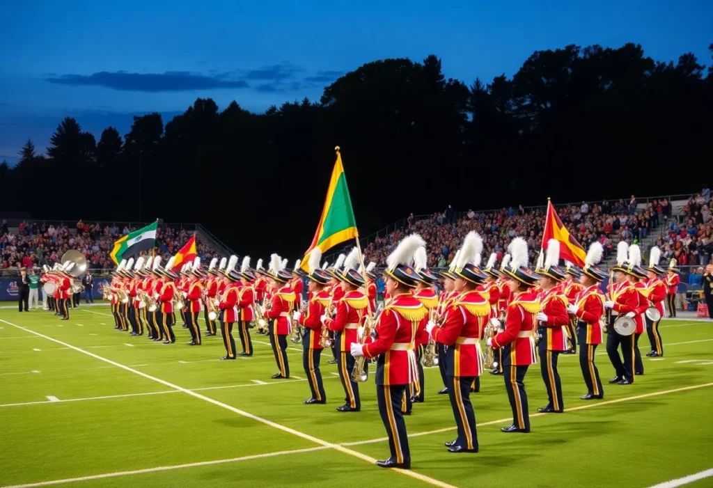Leon High School Marching Band performing on the field