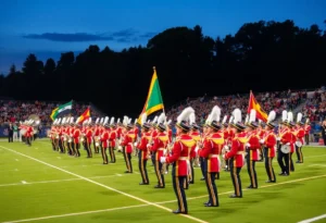 Leon High School Marching Band performing on the field