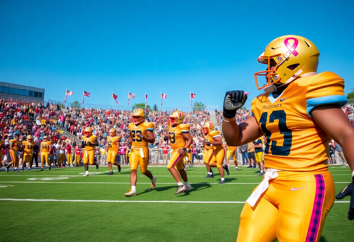 Lincoln Trojans football team in gold uniforms celebrating a victory