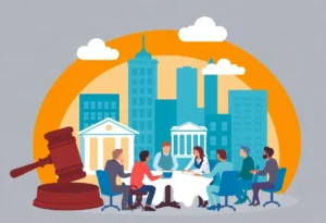 Abstract representation of local governance with collaborative symbols.