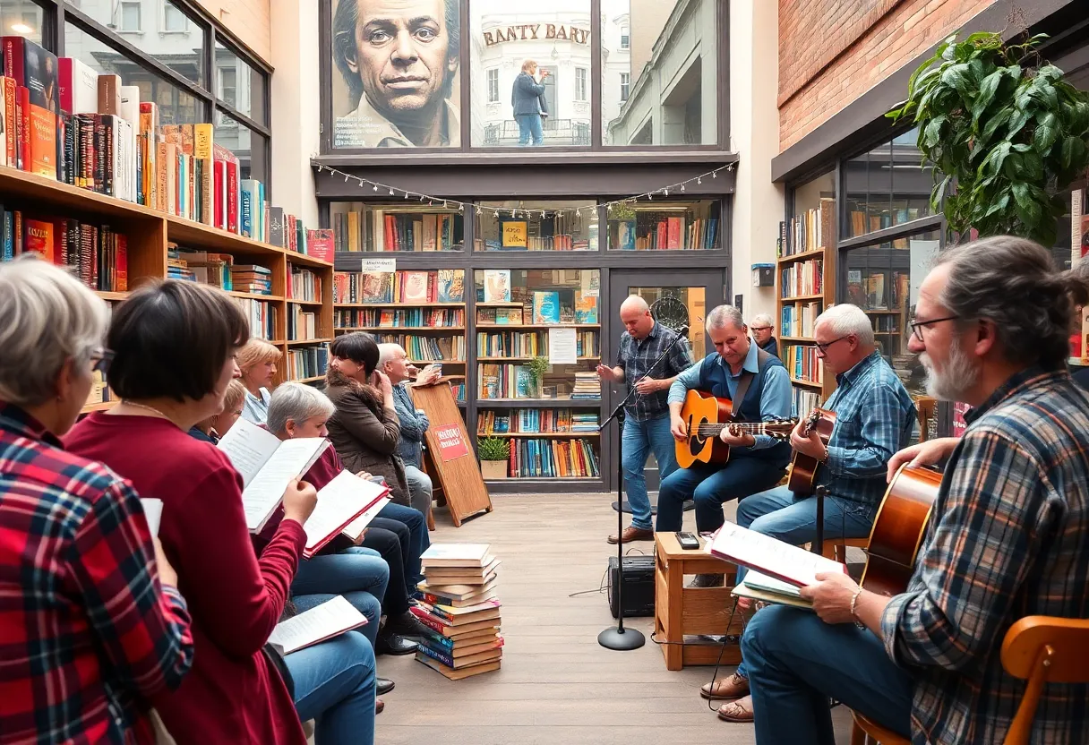 Community gathering at Midtown Reader grand re-opening with musicians and authors.