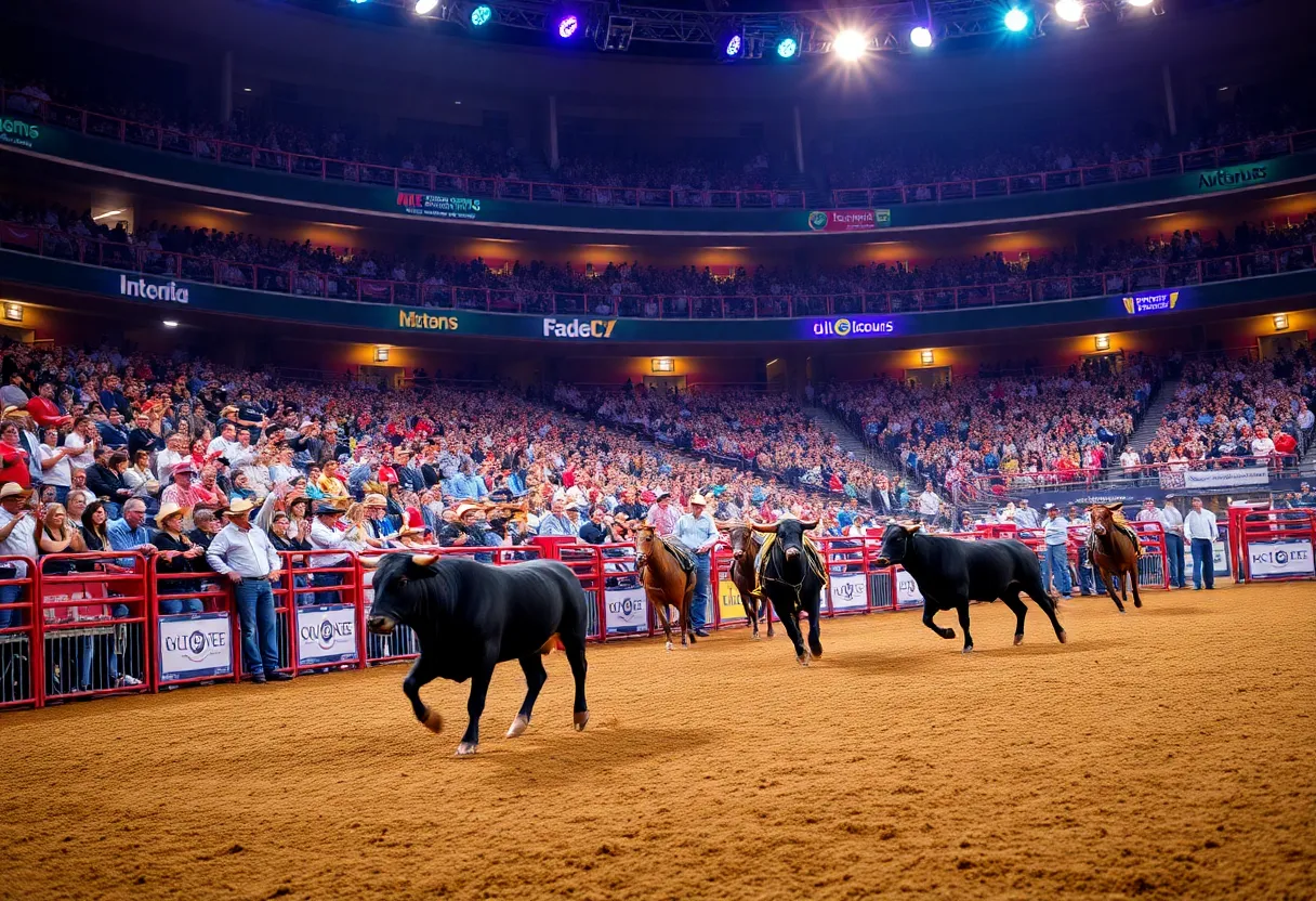 Bull rider competing during the PBR event at FSU stadium.