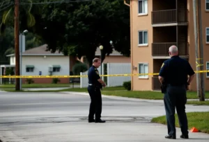 Police scene with tape around an apartment complex in Havana, Florida.