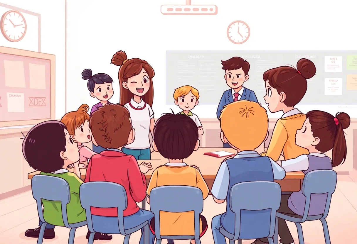 Illustration of children in a classroom practicing positive discipline.