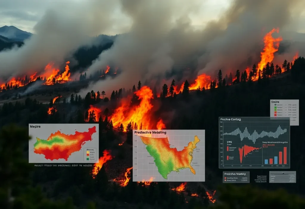 Illustration showcasing predictive fire modeling concepts and wildfire management.
