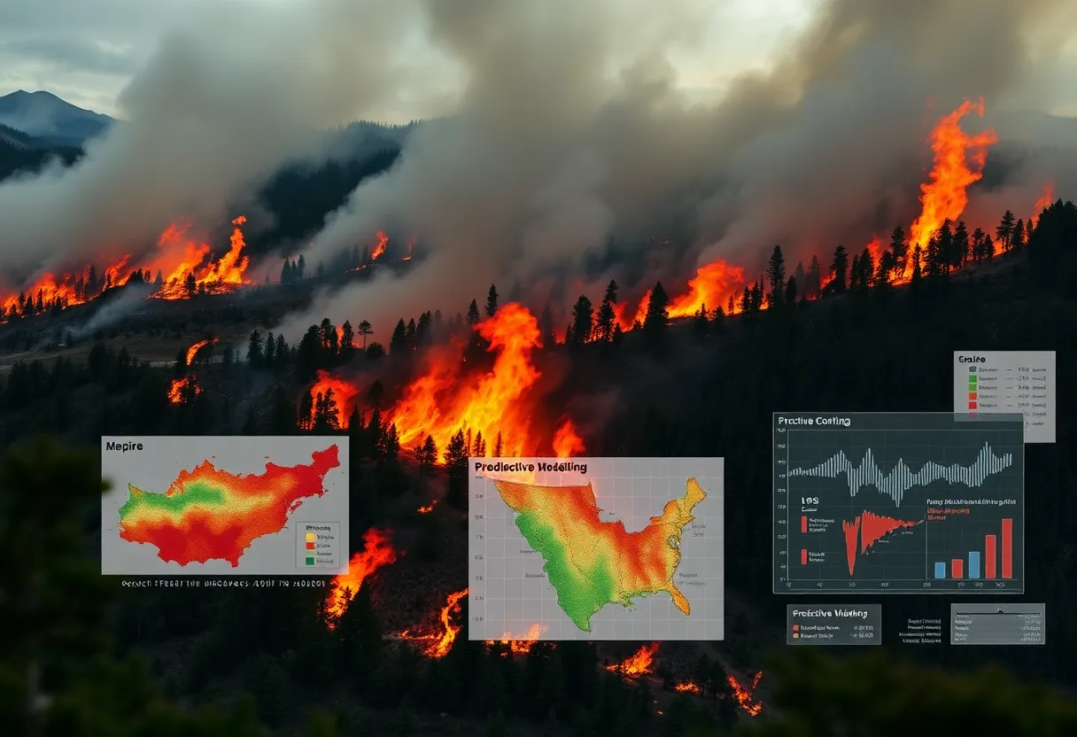 Illustration showcasing predictive fire modeling concepts and wildfire management.