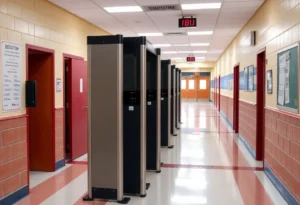High school entrance with metal detectors for student safety