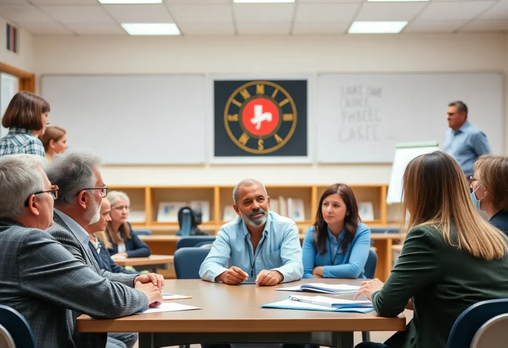 A school board meeting with community members discussing educational issues.