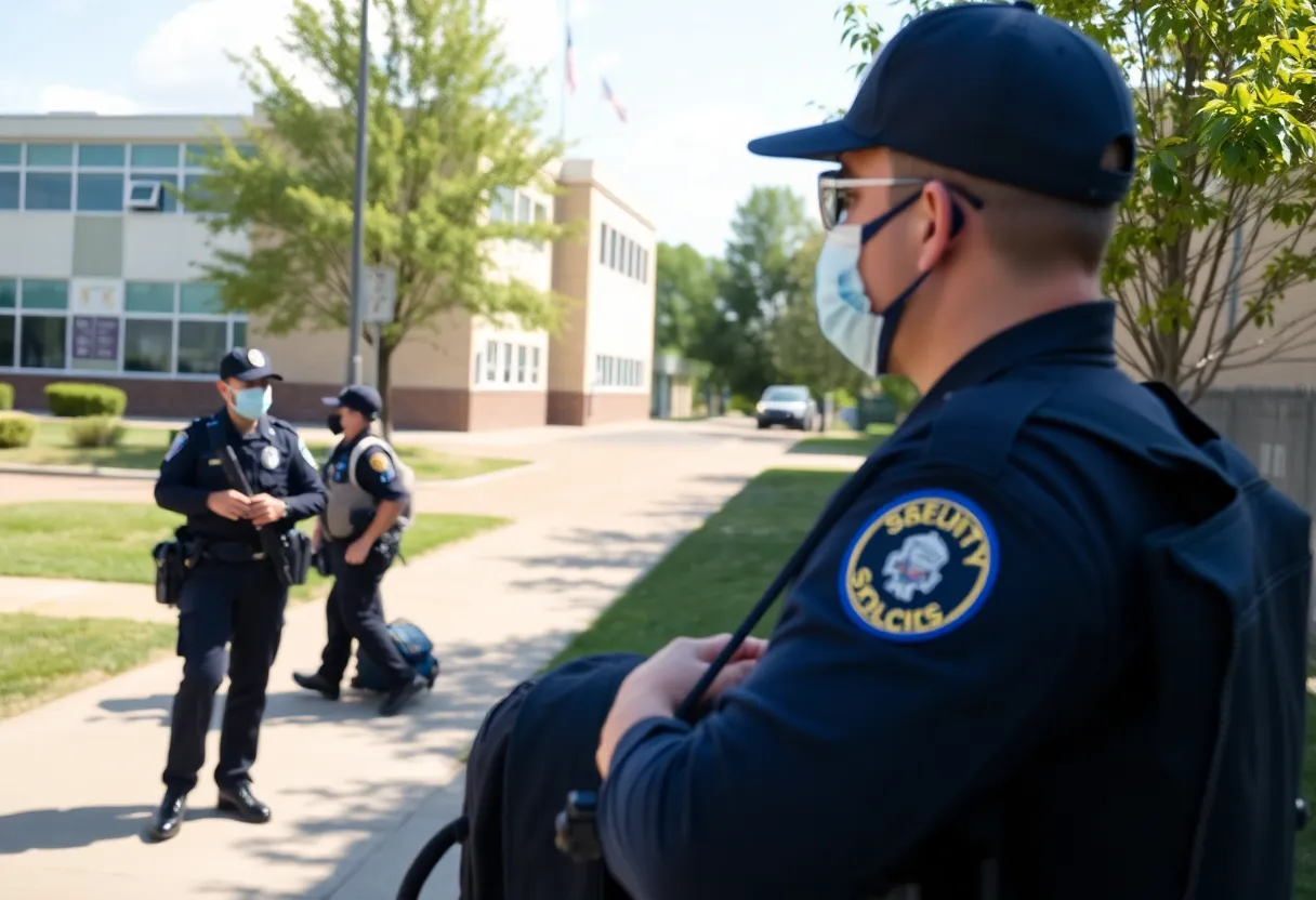 A school campus showcasing enhanced security with personnel and safety signage.