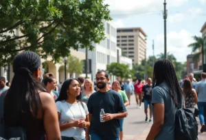 Residents of Tallahassee engaging in community discussions in a public setting.