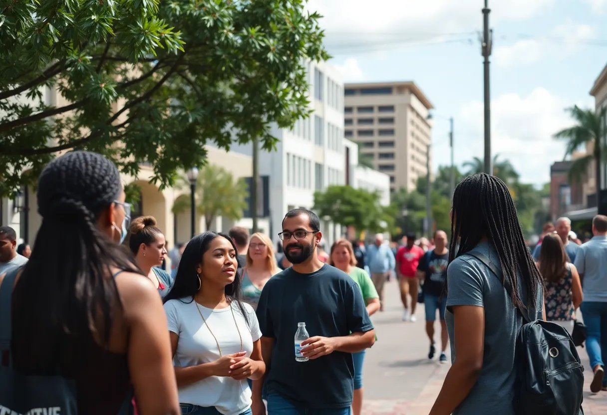 Residents of Tallahassee engaging in community discussions in a public setting.