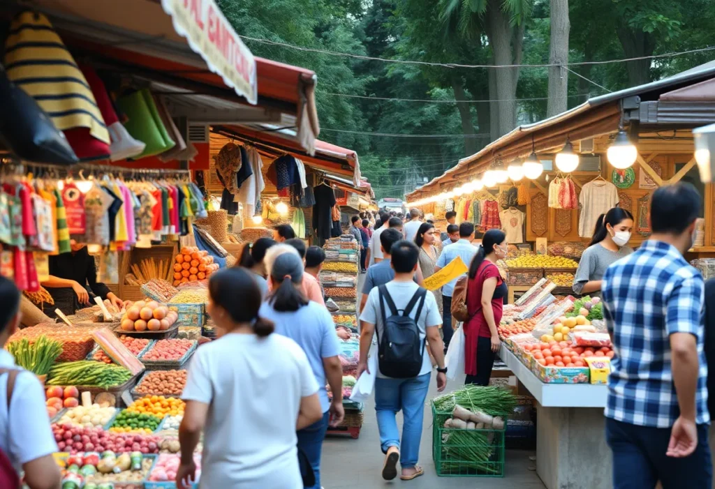 A lively outdoor flea market in Tallahassee with various stalls and shoppers.