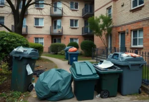 Exterior view of Tallahassee Shine Apartments showing trash and maintenance problems