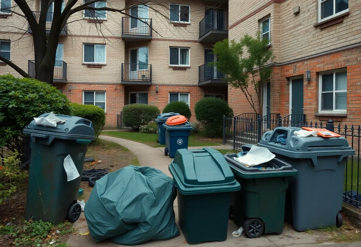 Exterior view of Tallahassee Shine Apartments showing trash and maintenance problems