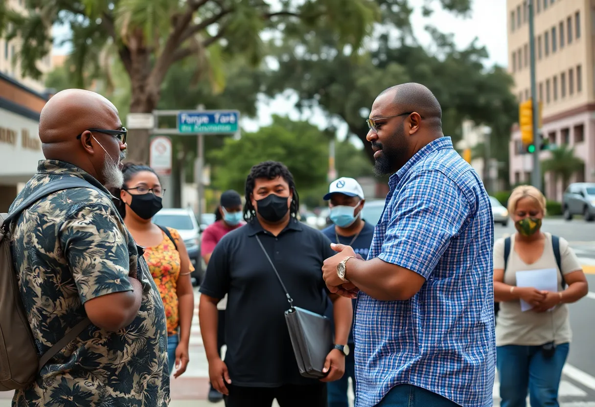Tallahassee residents discussing public safety in an urban setting