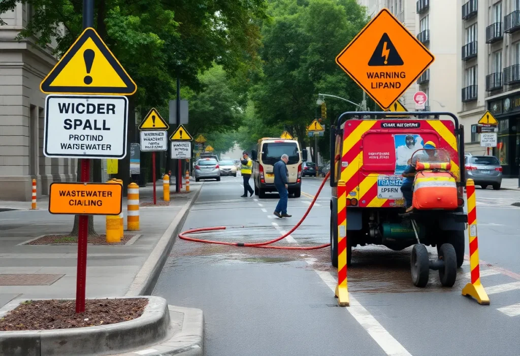 Cleanup crews attending to a wastewater spill in Tallahassee city street.