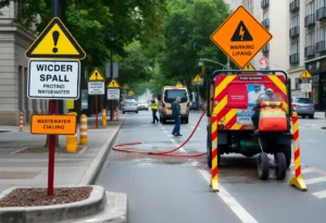 Cleanup crews attending to a wastewater spill in Tallahassee city street.