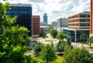 A panoramic view of Tallahassee highlighting the city skyline and green spaces.