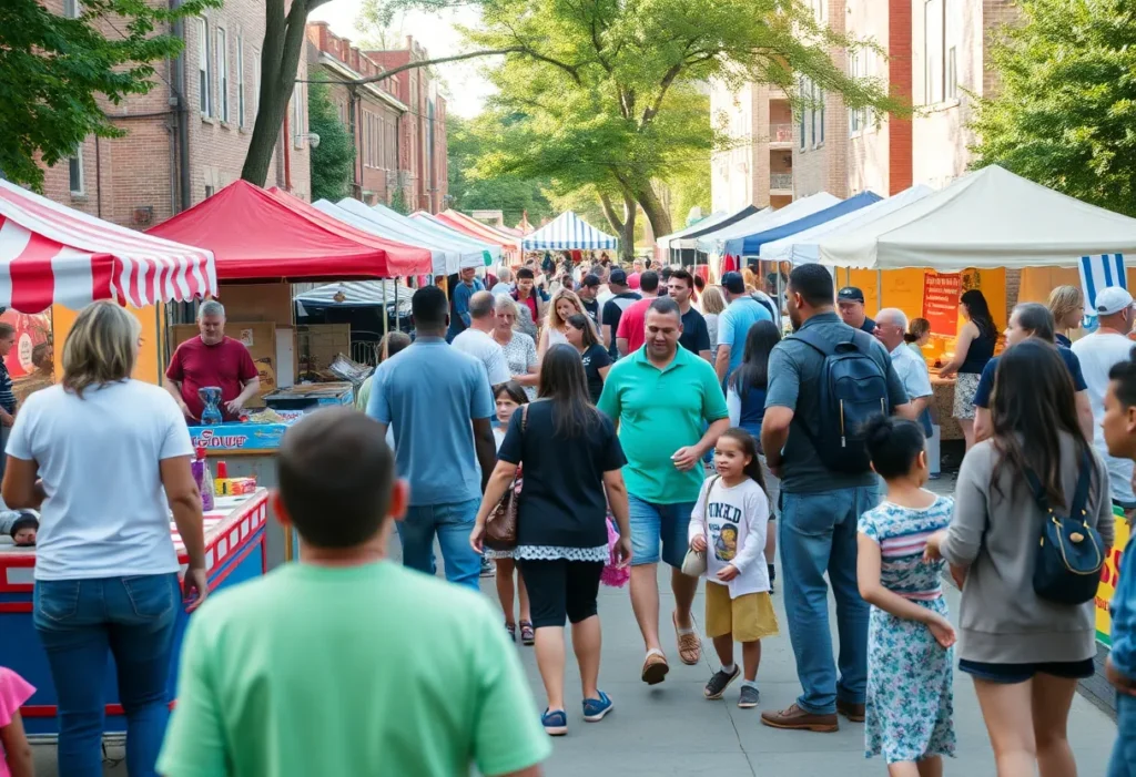 Community members enjoying T-Pain's block party with food and games.