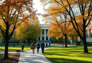 Scenic view of university campus in fall with students