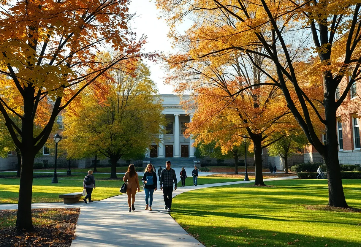 Scenic view of university campus in fall with students