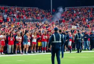 Celebration on the football field at the University of Virginia after a game win.