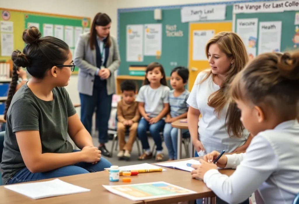 Parents and educators discussing vaccine policies in a school setting